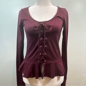 Aeropostale Burgundy Y2K Renaissance Grunge Fairy Lace Up Top Size Small Goth